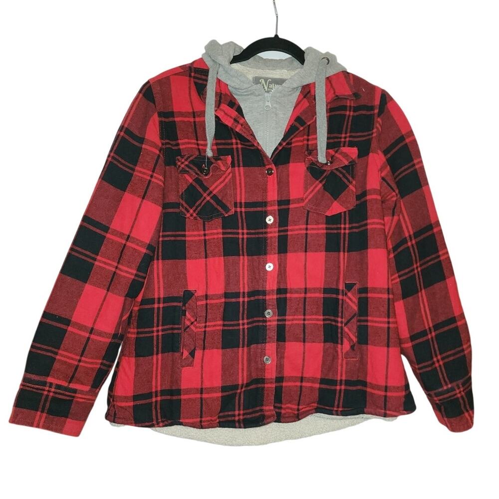 Natural Reflections Sherpa Lined Red Black Buffalo Plaid Shacket Flannel Large